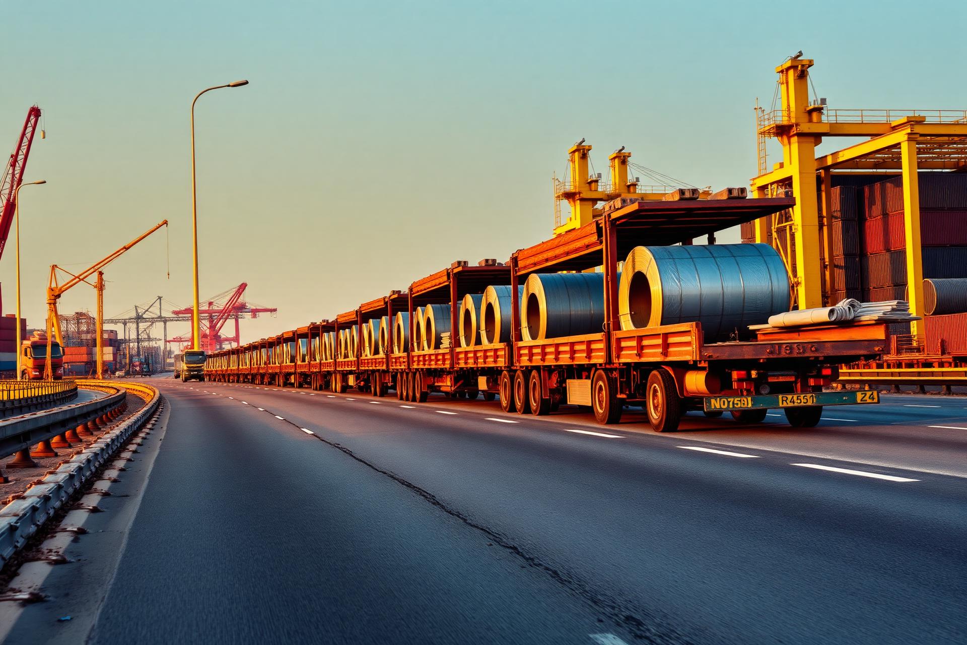 Fleet of full-body open trucks loaded with steel on an Indian highway