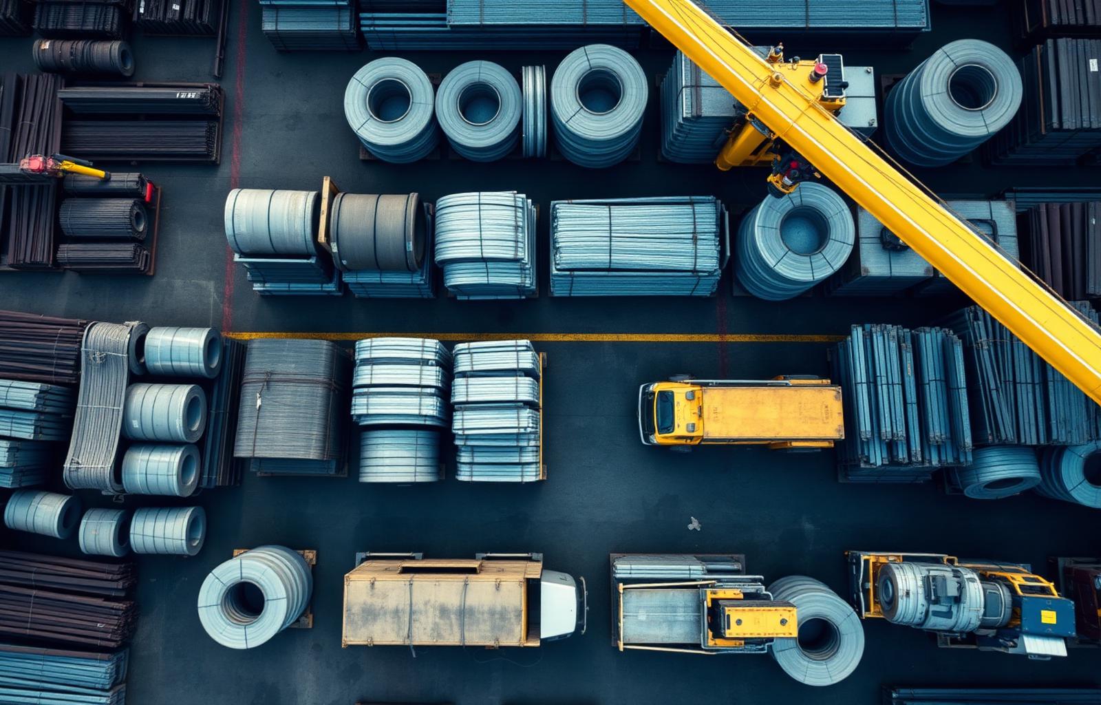 Aerial view of a stockyard with steel and industrial goods being loaded